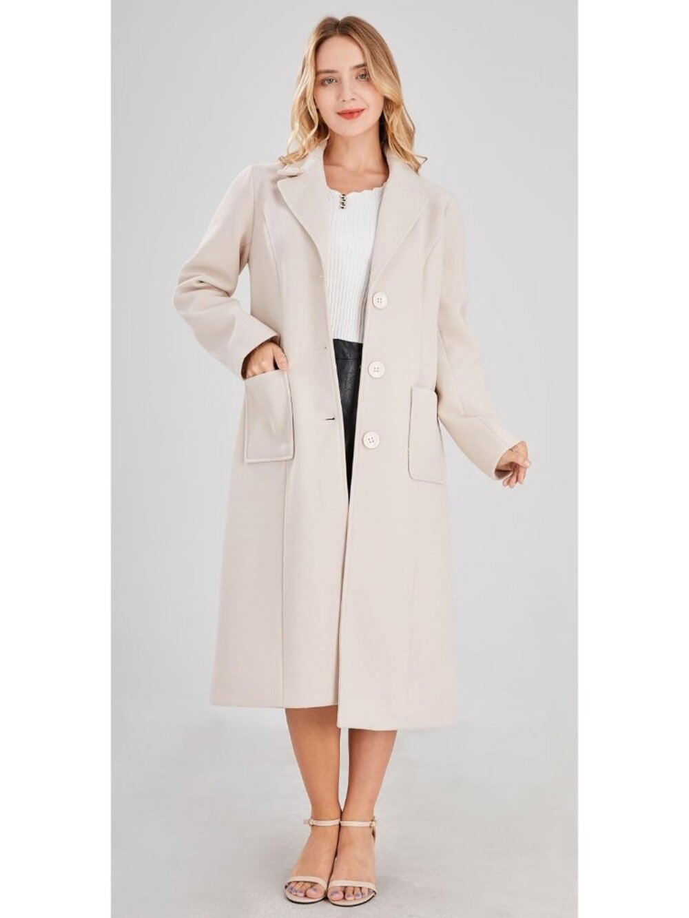 Women's White Long Sleeve Big Notch Lapel Single Breasted Mid-Long Wool Coat - Picture 2 of 3